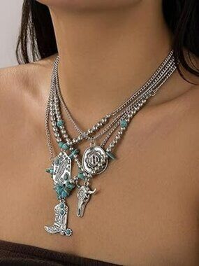 Turquoise Boho Necklace Boot Steer Cowboy Hat Jewelry Texas Western Silver